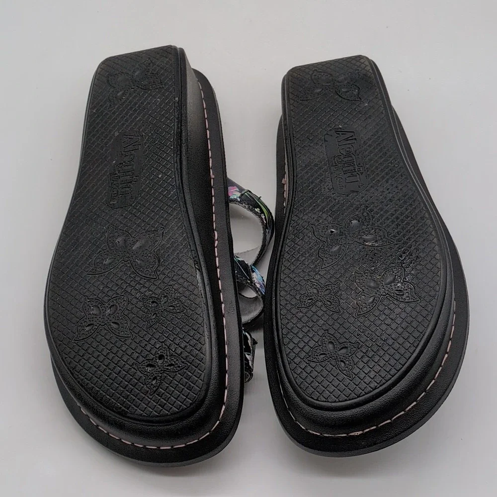 Alegria Shoes Womens Dinah Black Flora EUR 39 Leather Sandals Slide Wedge NEW